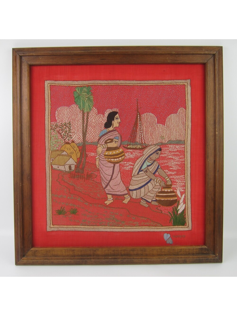 Vintage Hand Embroidered Silk Tapestry Art Framed Bangladesh Red Women By River